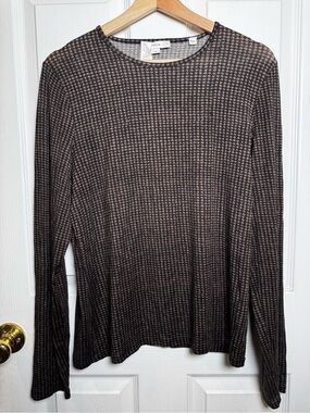 Vince Brown Black Micro Houndstooth Tencel Long Sleeve Top Large Quiet Luxury